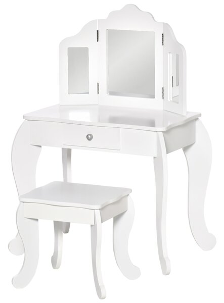 Dětský toaletní stolek s taburetem, triptychem zrcadel a posuvným zásuvkou - Rozměry toaletního stolku 63D x 40Š x 85,5V cm - Bílý akryl | Aosom