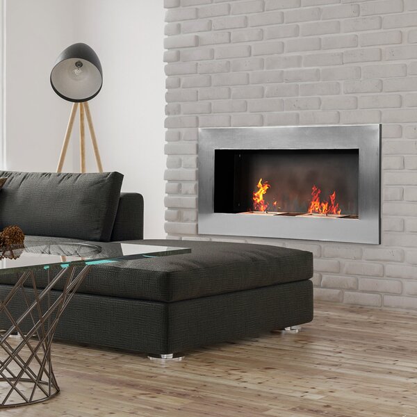 HOMCOM Nástěnný Vestavěný Bioetanolový Krb s 2 x 0,9 l Hořákem, přibližně 3 hodiny doby hoření 110L x 14W x 54H cm pro plochu 25-30 m² z Nerezové Ocel