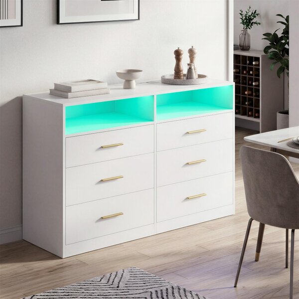 Komoda VASAGLE s LED osvětlením a nabíjecí stanicí, 6 zásuvek, moderní, do ložnice i obývacího pokoje, bílá
