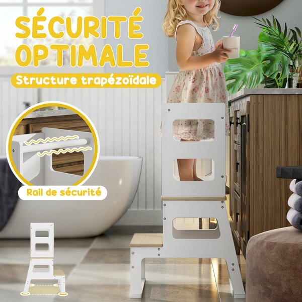 AIYAPLAY Dětská vyhlídková věž, Dětská učící věž, Trapézová konstrukce, 2-v-1 design s tabulí, bezpečnostní tyč, pro děti 3-6 let, bílá | Aosom