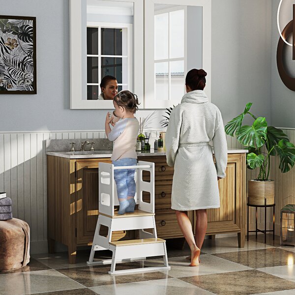 AIYAPLAY Dětská vyhlídková věž, Dětská učící věž, Trapézová konstrukce, 2-v-1 design s tabulí, bezpečnostní tyč, pro děti 3-6 let, bílá | Aosom