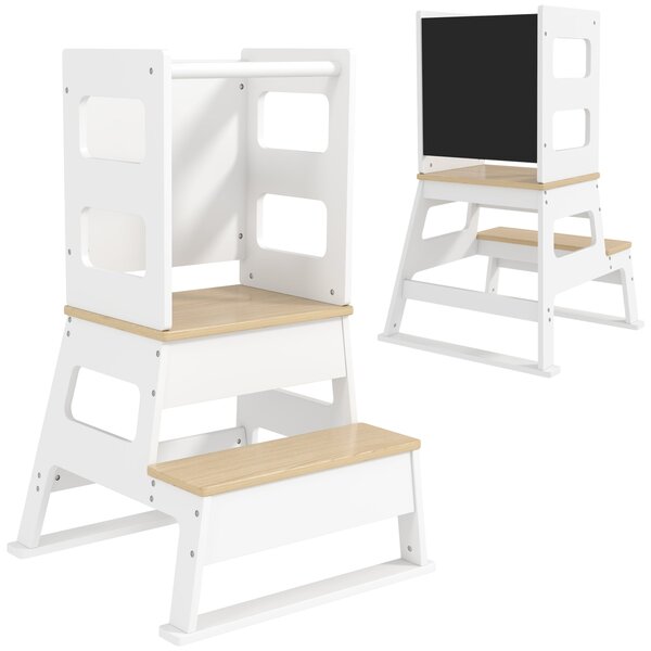 AIYAPLAY Dětská vyhlídková věž, Dětská učící věž, Trapézová konstrukce, 2-v-1 design s tabulí, bezpečnostní tyč, pro děti 3-6 let, bílá | Aosom