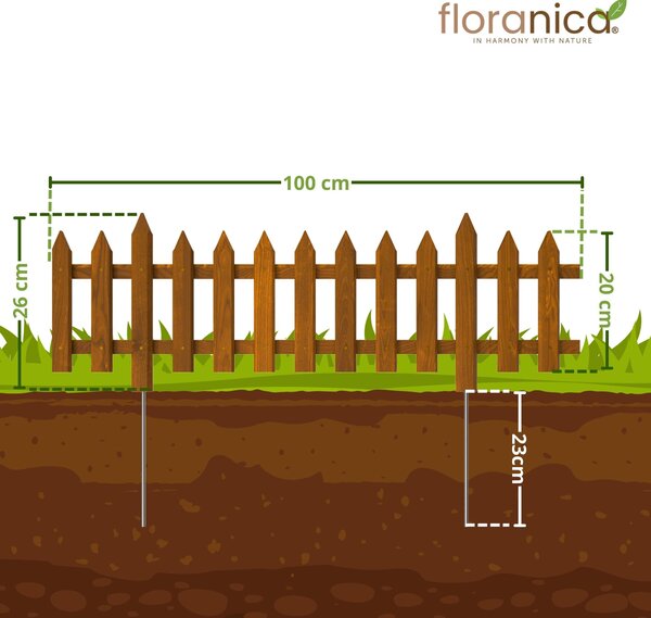 Floranica 1 ks 100 x 20 cm hnědý s kovovým sloupkem zahradní plot předzahrádka zapichovací plot ozdobný plot latě
