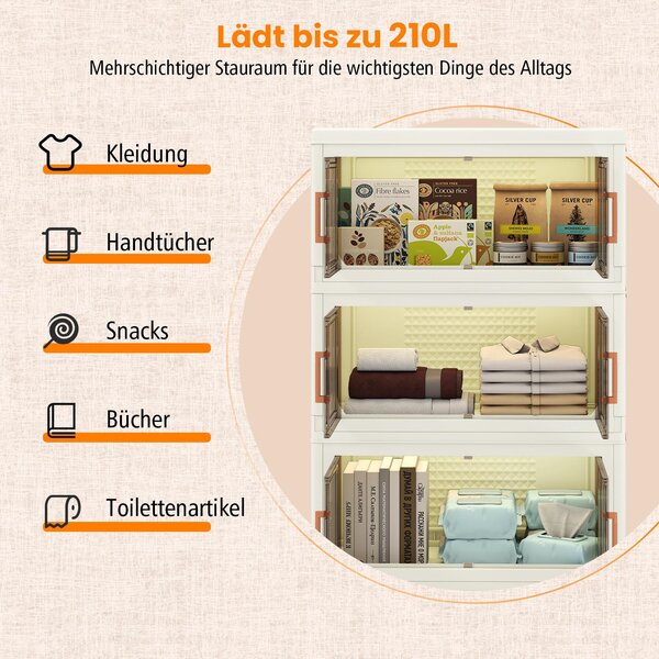 Skládací úložné boxy, 3dílná stohovatelná skříň z plastu, s víkem a dvířky, s kolečky, bílá a hnědá barva
