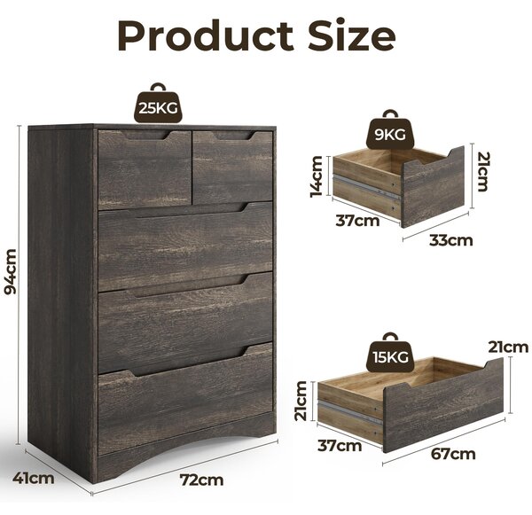 Komoda Bealife 72x41x94 cm | 3 + 2 zásuvky | Antracitově šedá | Vyrobeno z MDF | S ochranou proti překlopení a pojezdy zásuvek | AP23