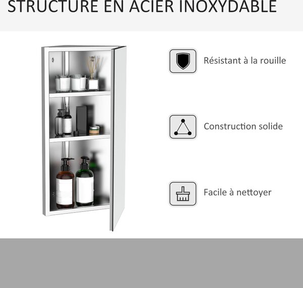 HOMCOM Zrcadlová skříňka na toaletu do koupelny, rohová, montovaná na zeď, se 2 policemi, rozměry 30 š x 18,4 h x 60 v cm, Nerezová ocel. | Aosom