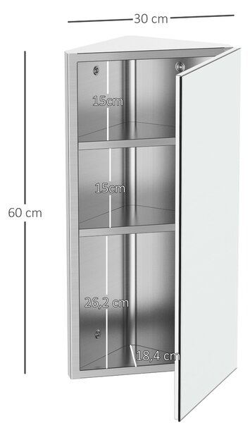 HOMCOM Zrcadlová skříňka na toaletu do koupelny, rohová, montovaná na zeď, se 2 policemi, rozměry 30 š x 18,4 h x 60 v cm, Nerezová ocel. | Aosom