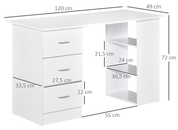 HOMCOM Stůl s úložným prostorem, Počítačový stůl 120 x 50 cm, Počítačový stůl se policemi a šuplíky, pro malé prostory, Ložnice, Bílý | Aosom