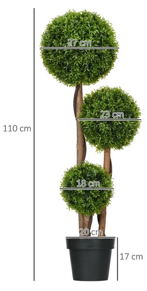 Umělý strom HOMCOM, Umělá rostlina, Zelený buxus se 3 koulí z bambusových listů, Včetně květináče, Pro vnitřní i venkovní použití, Výška 110 cm, Bez m