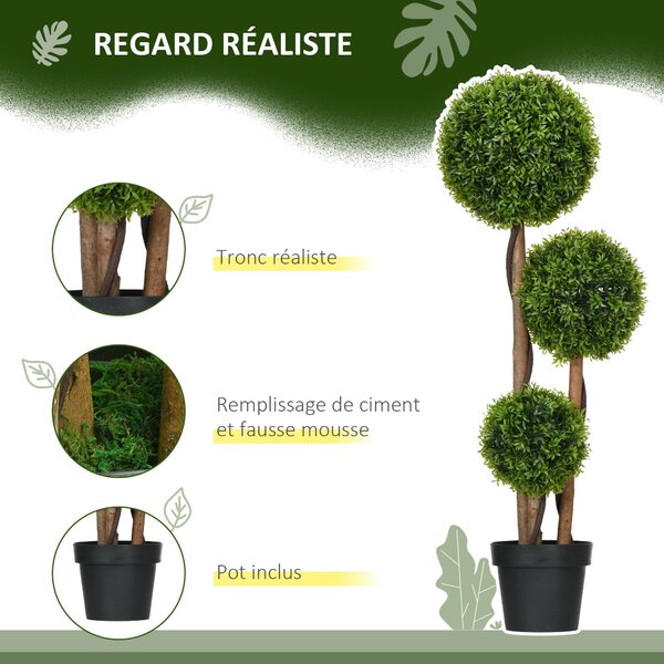 Umělý strom HOMCOM, Umělá rostlina, Zelený buxus se 3 koulí z bambusových listů, Včetně květináče, Pro vnitřní i venkovní použití, Výška 110 cm, Bez m