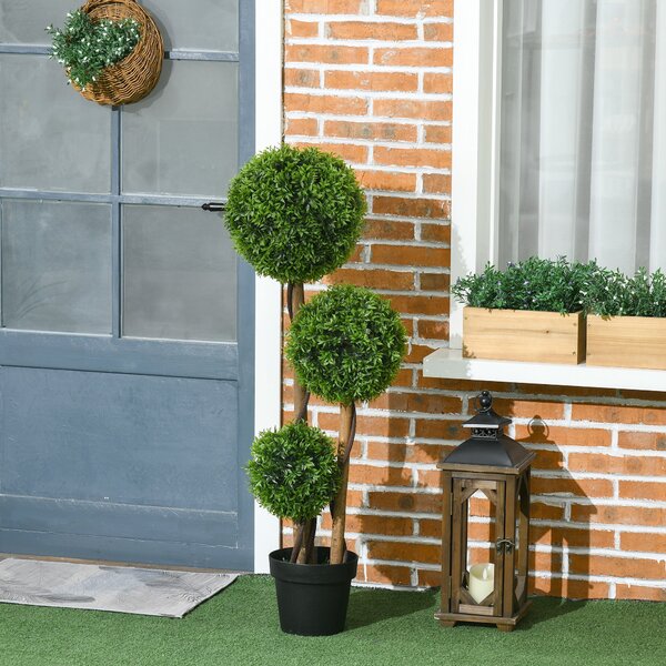 Umělý strom HOMCOM, Umělá rostlina, Zelený buxus se 3 koulí z bambusových listů, Včetně květináče, Pro vnitřní i venkovní použití, Výška 110 cm, Bez m