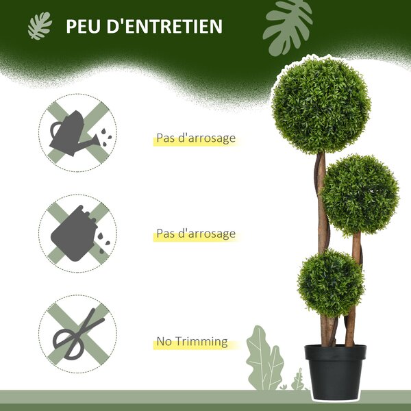 Umělý strom HOMCOM, Umělá rostlina, Zelený buxus se 3 koulí z bambusových listů, Včetně květináče, Pro vnitřní i venkovní použití, Výška 110 cm, Bez m