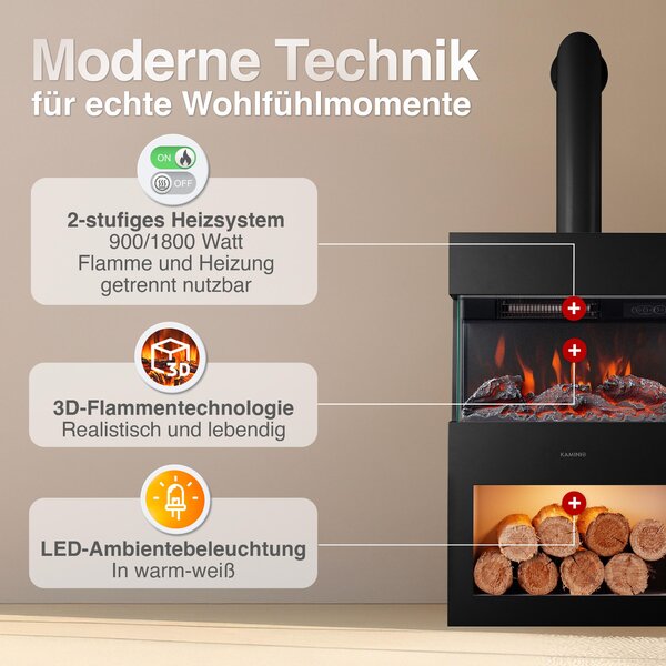 Elektrický krb KAMINIO HENRI s kouřovodem – elektrický krb s topením, 3D efektem plamenů, LED ambientním osvětlením, přihrádkou na dřevo, dálkovým ovládáním – černý