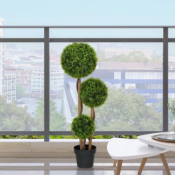 Umělý strom HOMCOM, Umělá rostlina, Zelený buxus se 3 koulí z bambusových listů, Včetně květináče, Pro vnitřní i venkovní použití, Výška 110 cm, Bez m