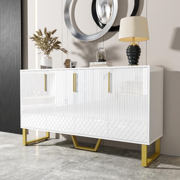 Příborník Sweiko ve vysokém lesku, 4 dveře, kovové úchytky a nohy, geometrický design v bílé barvě, 140Lx40Wx80V
