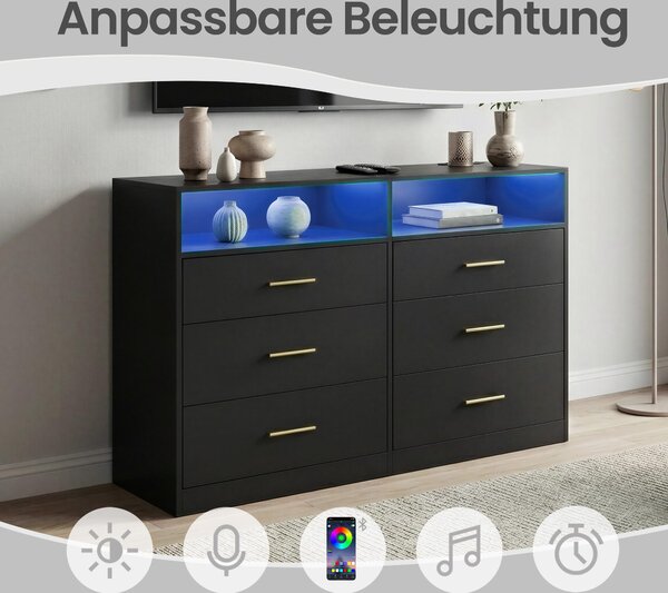 Komoda VASAGLE s LED osvětlením a nabíjecí stanicí, 6 zásuvek, moderní, do ložnice i obývacího pokoje, černá