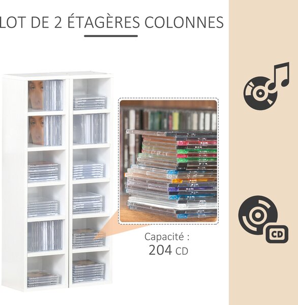 HOMCOM Sada 2 sloupcových regálů na uložení CD-DVD, skříň se 6 + 6 přihrádkami, rozměry 21L x 19W x 88H cm, maximální kapacita 160 CD Bílá | Aosom