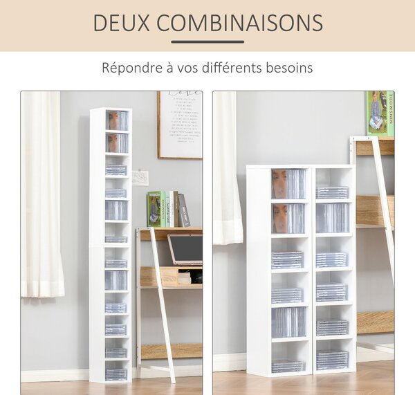 HOMCOM Sada 2 sloupcových regálů na uložení CD-DVD, skříň se 6 + 6 přihrádkami, rozměry 21L x 19W x 88H cm, maximální kapacita 160 CD Bílá | Aosom
