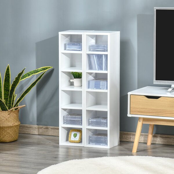 HOMCOM Sada 2 sloupcových regálů na uložení CD-DVD, skříň se 6 + 6 přihrádkami, rozměry 21L x 19W x 88H cm, maximální kapacita 160 CD Bílá | Aosom