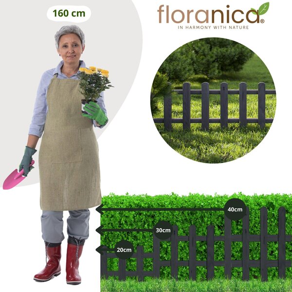 Floranica 4 ks ozdobný plot ze dřeva 100 x 40 cm antracitový (impregnovaný) zapichovací zahradní plot pro ohraničení záhonů, okraj trávníku