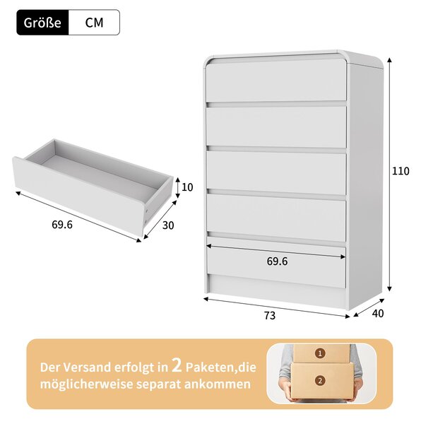 ProximaX Bílá komoda s 5 zásuvkami a RGB LED osvětlením, minimalistický design, spousta úložného prostoru do ložnice i obývacího pokoje