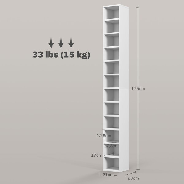 HOMCOM Úložný sloupec na CD a DVD, regál s 12 přihrádkami, kapacita max. 204 CD, 21 x 20 x 175 cm, bílá | Aosom