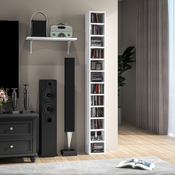 HOMCOM Úložný sloupec na CD a DVD, regál s 12 přihrádkami, kapacita max. 204 CD, 21 x 20 x 175 cm, bílá | Aosom