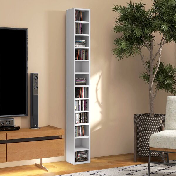 HOMCOM Úložný sloupec na CD a DVD, regál s 12 přihrádkami, kapacita max. 204 CD, 21 x 20 x 175 cm, bílá | Aosom