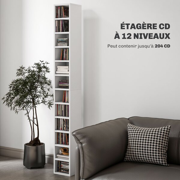HOMCOM Úložný sloupec na CD a DVD, regál s 12 přihrádkami, kapacita max. 204 CD, 21 x 20 x 175 cm, bílá | Aosom