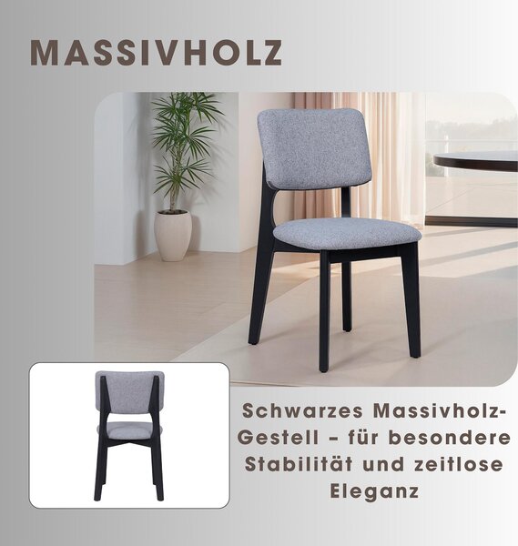 ByLIVING sada 2 jídelních židlí ELSA / šedá tkaná látka / černý rám z masivního dřeva / š 48, v 87, hl 54 cm