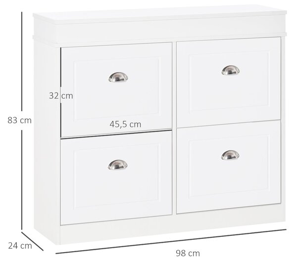 HOMCOM Skříň na boty Úložná jednotka na boty rozměry 98D x 24Š x 83V cm 4 výklopné dvířka Dvojitá úroveň MDF Bílá | Aosom