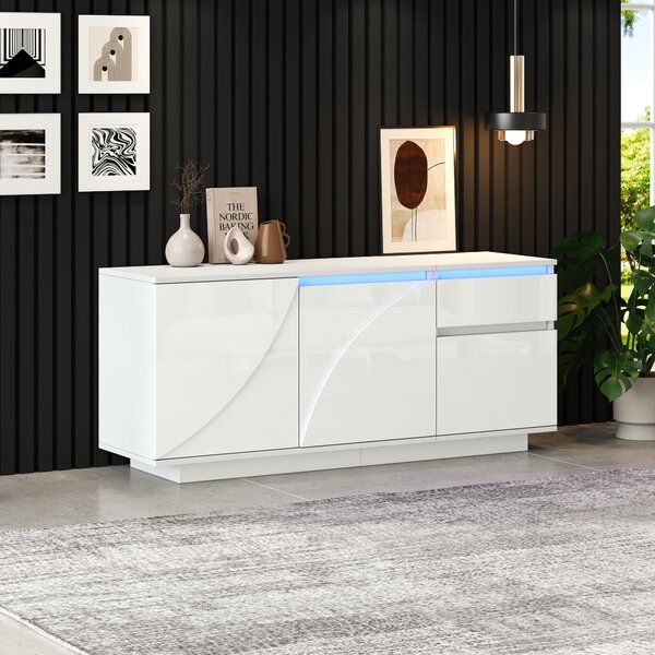 Sweiko 140x40x60cm boční skříňka se 3 skříňkami, komoda s LED, příborník s 1 zásuvkou, skříňky s nastavitelnými policemi, skříňka do obývacího pokoje ve vysokém lesku, MDF, bílá