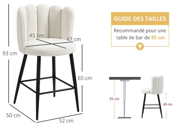 Barové Židle HOMCOM, Sada 2, Vysoké Křesla, textil s efektem smyčkované vlny, ocelový rám, výška 65 cm, s opěradlem a opěrkou nohou, snadná montáž, vy