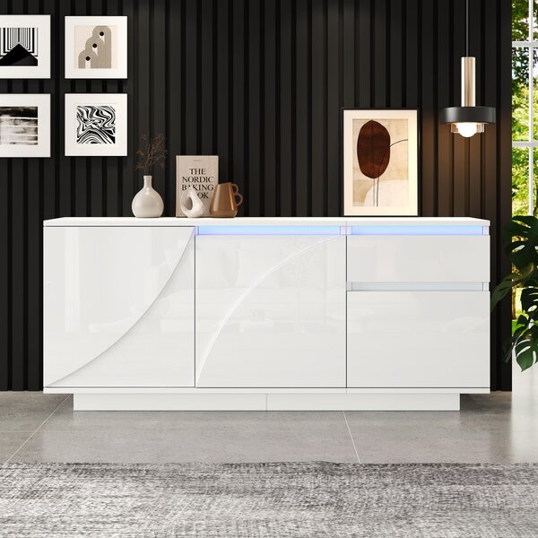 Sweiko 140x40x60cm boční skříňka se 3 skříňkami, komoda s LED, příborník s 1 zásuvkou, skříňky s nastavitelnými policemi, skříňka do obývacího pokoje ve vysokém lesku, MDF, bílá