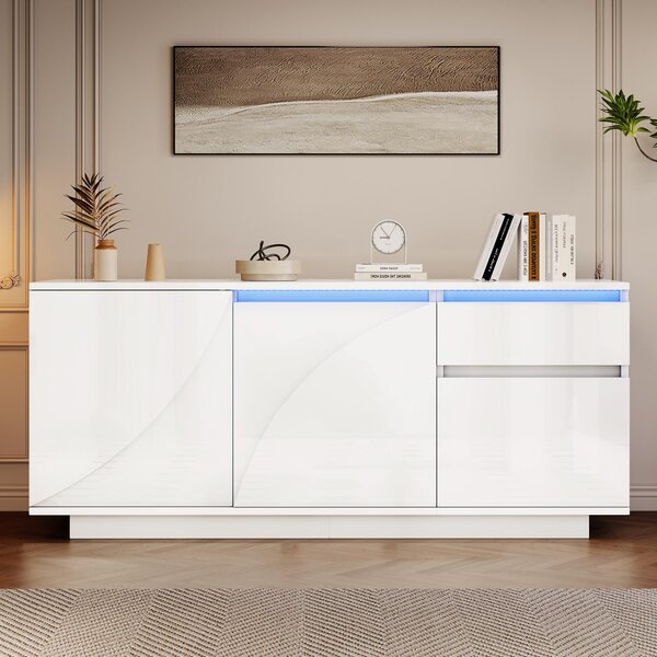 Sweiko 140x40x60cm boční skříňka se 3 skříňkami, komoda s LED, příborník s 1 zásuvkou, skříňky s nastavitelnými policemi, skříňka do obývacího pokoje ve vysokém lesku, MDF, bílá