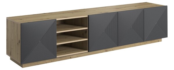 TV stolek Asha 200 cm s drážkovanými dvířky a otevřenou přihrádkou - dub artisan / rivier stone mat