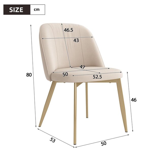 Flieks 2 jídelní židle se zlatými kovovými nohami, ergonomickým opěradlem, kuchyňské židle s sametovým potahem, čalouněné židle 50x53x80 cm, béžové