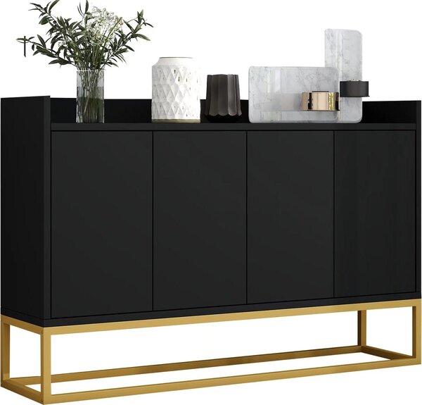 Moderní, minimalistický příborník se 4 dveřmi bez úchytek, ideální do jídelny, obývacího pokoje nebo kuchyně (černý)