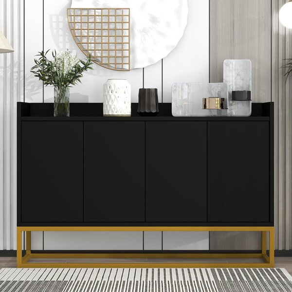 Moderní, minimalistický příborník se 4 dveřmi bez úchytek, ideální do jídelny, obývacího pokoje nebo kuchyně (černý)