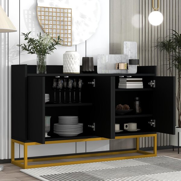 Moderní, minimalistický příborník se 4 dveřmi bez úchytek, ideální do jídelny, obývacího pokoje nebo kuchyně (černý)
