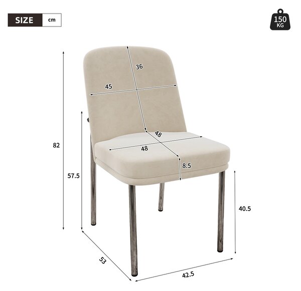 Flieks jídelní židle, sada 4 ks, kuchyňské židle se zesílenými sedáky, čalouněné židle s kovovými nohami, obývací židle samet, 53x42,5x82 cm, béžová