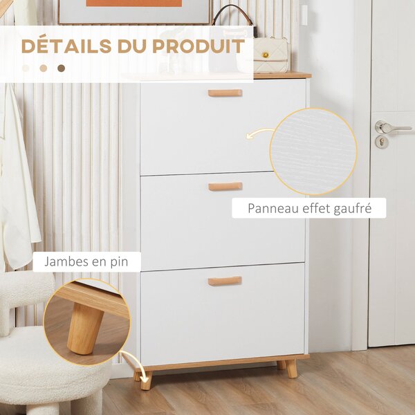 HOMCOM Skandinávský styl botník s 3 sklápěcími dvířky v dřevěném vzhledu - 70 x 23,5 x 122 cm - Bílý | Aosom