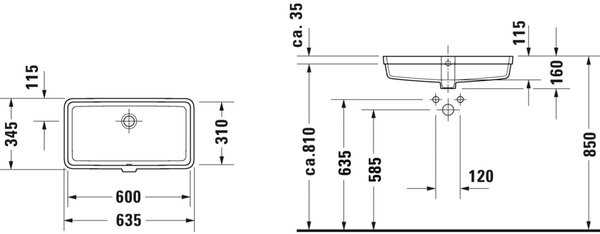 Duravit Vero Air umyvadlo 60x31 cm obdélníkový pod pult bílá lesk 0384600000