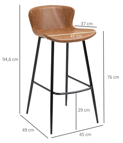 HOMCOM Sada 2 barových židlí s umělou kůží, výška 76 cm se ocelovým opěrným stolem a vintage designem - hnědá | Aosom