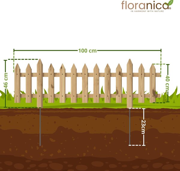 Floranica 3 ks 100 x 40 cm neošetřený s kovovým sloupkem zahradní plot předzahrádka zapichovací plot ozdobný plot latě
