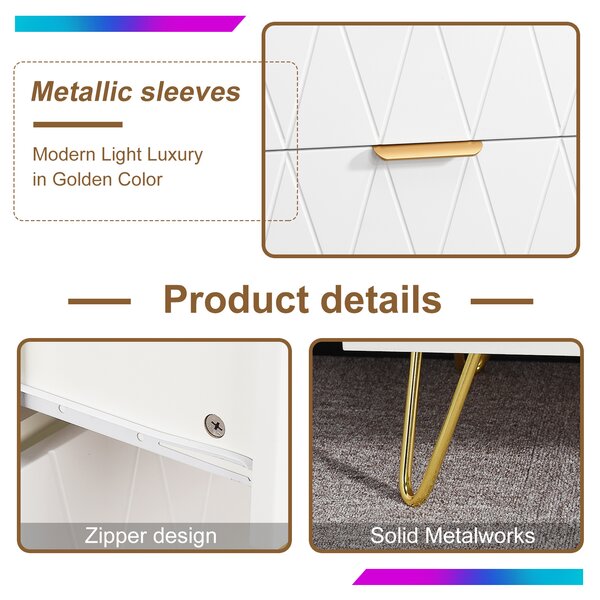 Bílá komoda se 4 zásuvkami, reliéfním kosočtvercovým vzorem, melaminovými deskami, velkým úložným prostorem a robustní konstrukcí