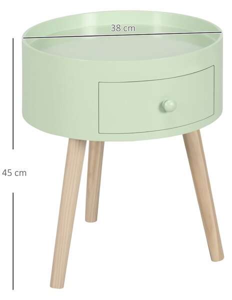 HOMCOM Kulatý Kavový Stolek - Noční Stolek - Skandinávský Design Stolek se Zásuvkou a Šikmými Pevnými Dřevěnými Nohami Zelený | Aosom