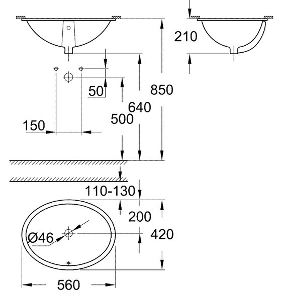 Grohe Bau Ceramic umyvadlo 56x42 cm oválné pod pult bílá 39423000