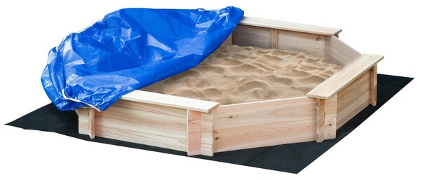 Outsunny Osmiúhelníkový Dřevěný Pískoviště 139,5L x 139,5W x 21,5H cm - 4 Lavice - Krycí Plachta, Netkaná Podložka Součástí - Předem Olejovaný Štěp |