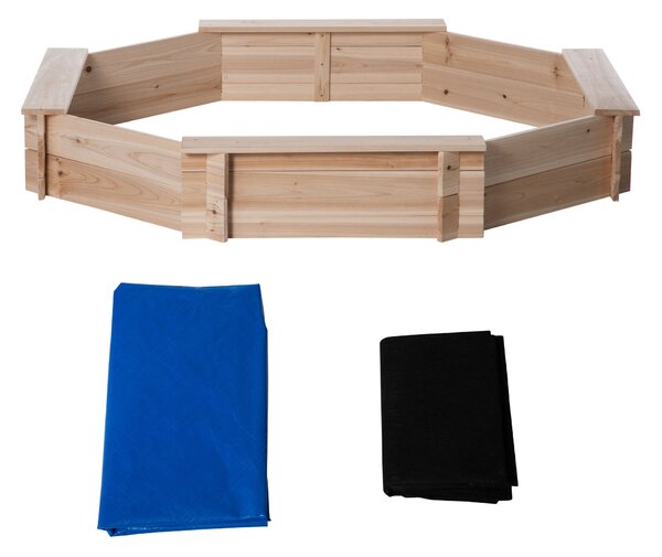 Outsunny Osmiúhelníkový Dřevěný Pískoviště 139,5L x 139,5W x 21,5H cm - 4 Lavice - Krycí Plachta, Netkaná Podložka Součástí - Předem Olejovaný Štěp |